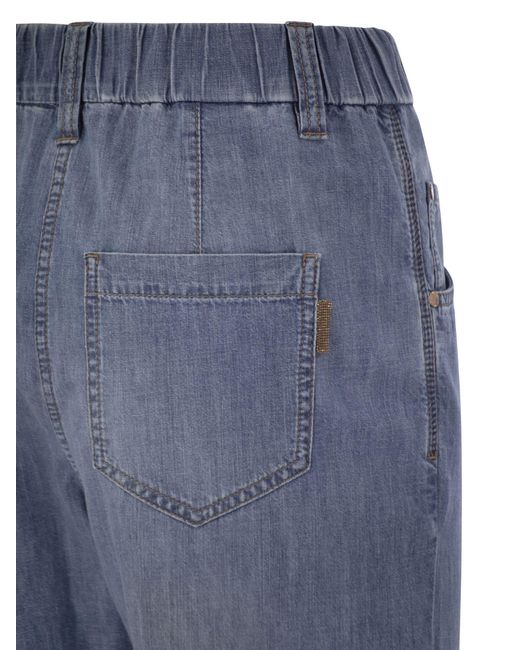Brunello Cucinelli Blue Lightweight Denim Baggy Trousers With Shiny Tab