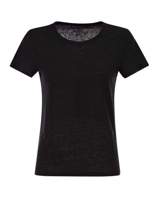 Majestic Black Stretch Linen T Shirt With Round Neckline