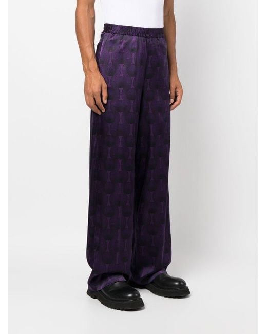 OZWALD BOATENG Purple Elastic Waist Printed Silk Trousers for men