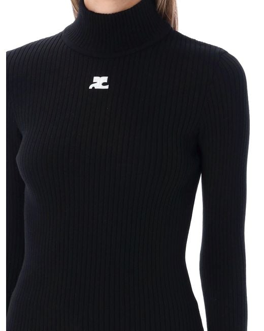 Courreges Blue Rib Knit Mock Neck Sweater