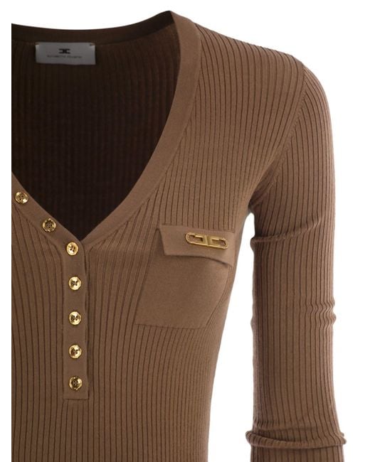 Elisabetta Franchi Brown Ribbed Knit Dress With Pocket