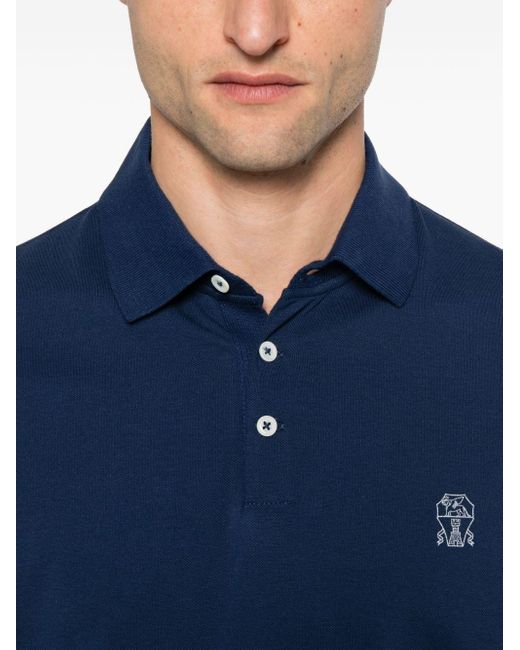 Brunello Cucinelli Logo Baumwoll -Polo -Hemd in Blue für Herren