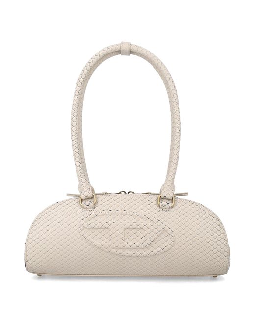DIESEL White Elongated Dome Bowling Handbag