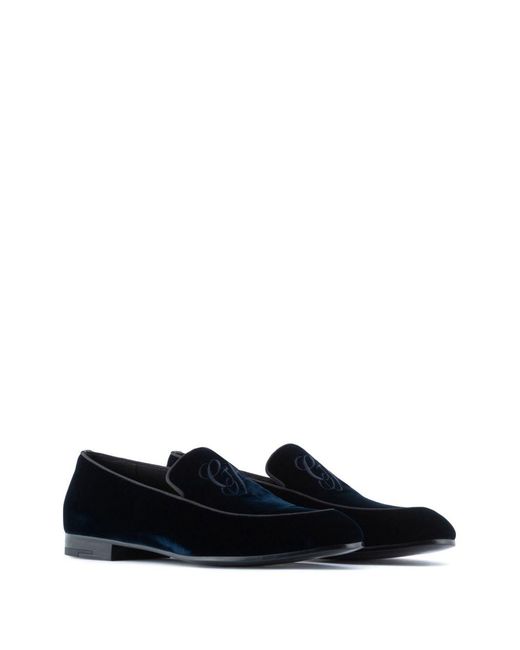 Giorgio Armani Black Embroidered Logo Velvet Loafers