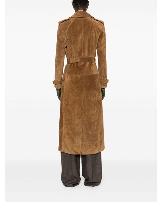 Saint Laurent Brown Long Double-Breasted Suede Trench Coat