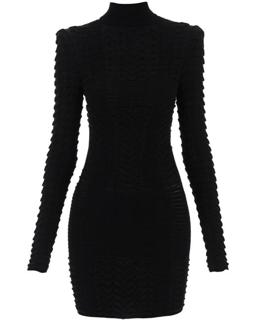 Balmain Black Rollkragenpullover Mini -Kleid im texturisierten Strick