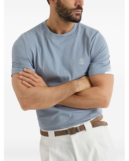 Brunello Cucinelli T-Shirt Met Ronde Hals En Logodetail in het Blue voor heren
