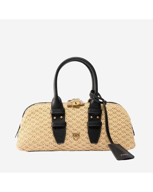 Pinko Brown Bowling Bag Escape Horizontal Leather/Raffia