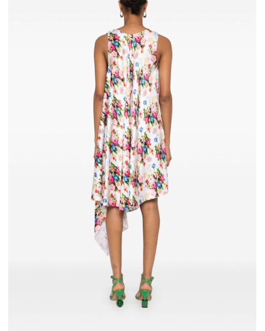 Loewe White Floral Silk Asymmetric Dress