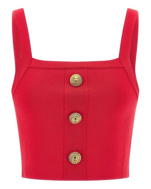 Top De Lana Con Detalle De Botón Balmain de color Red
