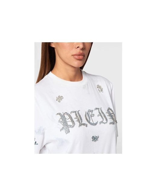 Philipp Plein White T-Shirt Round Neck Ss Flowers