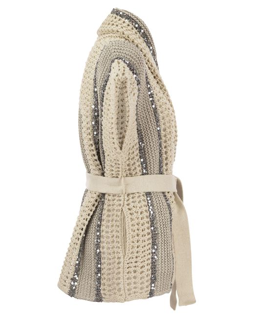 Brunello Cucinelli Natural Schillernde Streifen -Strickjacke im Jute-, Leinen-, Baumwoll- und Seidennetzstich mit Gürtel
