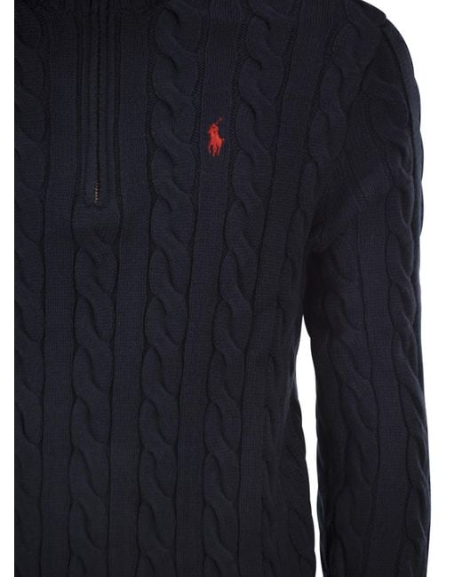 Polo Ralph Lauren Blue Cotton Cable Knit Jumper With Zip Fastening for men