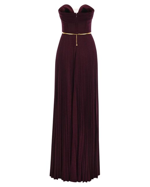 Elisabetta Franchi Purple Pleated Lurex Jersey Carpet Dress With Belt