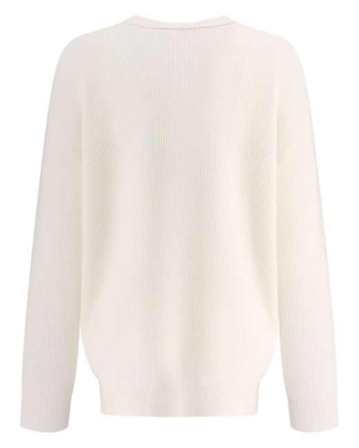 Brunello Cucinelli White Cashmere English Rib Sweater With Monili