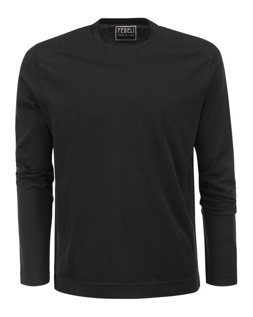 Camiseta de algodón orgánico de manga larga Fedeli de hombre de color Black