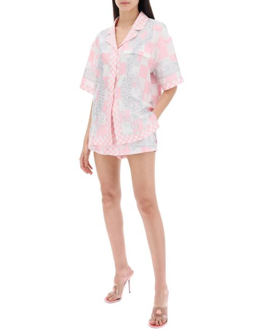 Versace Pink Gedrucktes Seiden -Bowling -Hemd in acht
