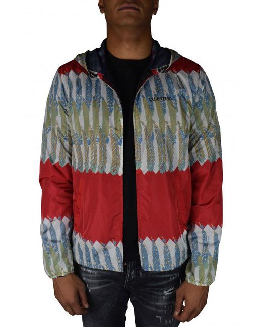 Valentino Garavani Red Hooded Leaf Print Nylon Jacket