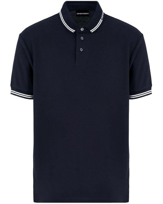 Emporio Armani Blue Intarsia-Knit Logo Striped Polo Shirt for men