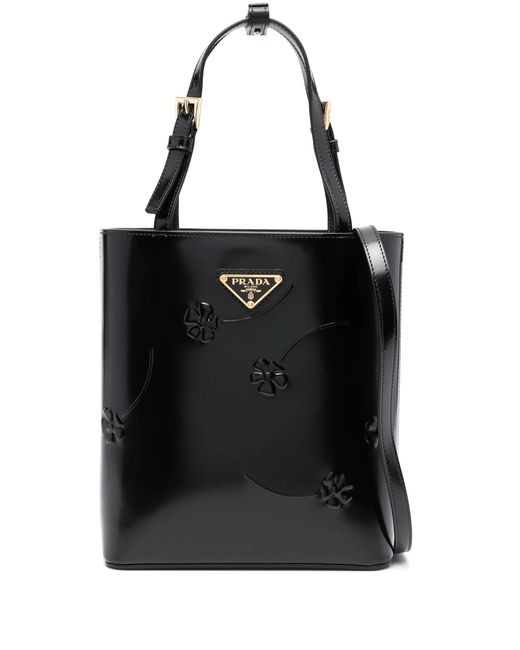 Prada Black Floral-Embossed Leather Tote Bag