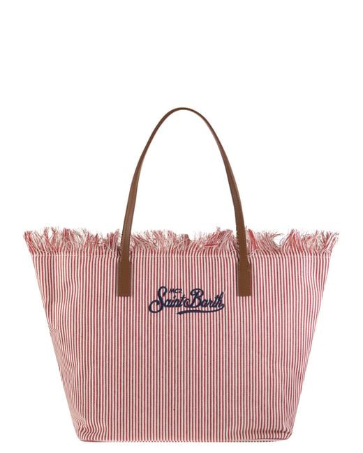 Mc2 Saint Barth Pink City Shopper Bag With Stripes And Embroidered Logo