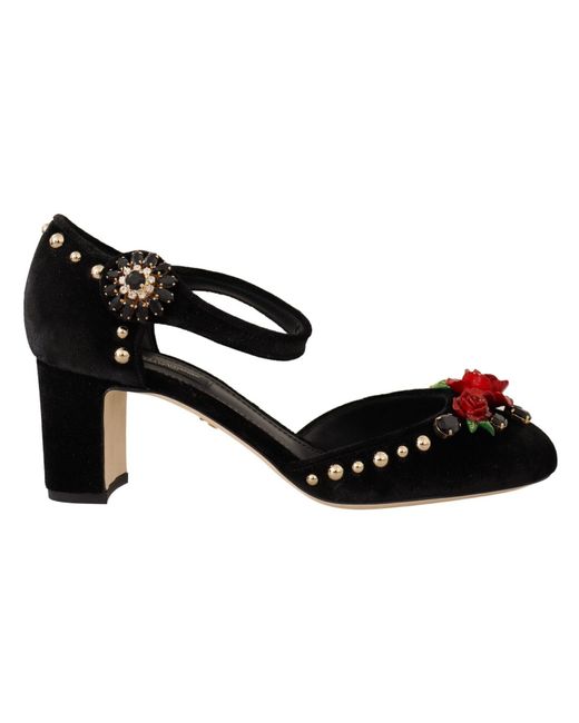 Dolce & Gabbana Zwart Fluwelen Rozen Enkelband Pumps Schoenen in het Black