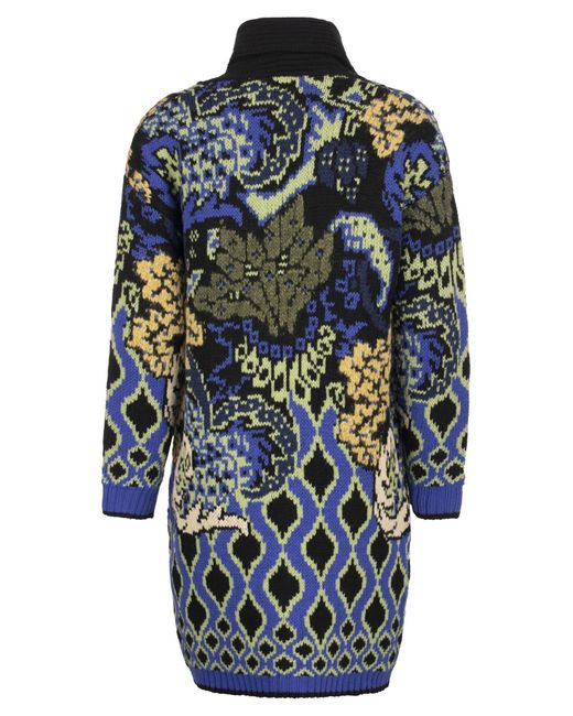 Etro Blue Long Cardigan With Floral Motifs