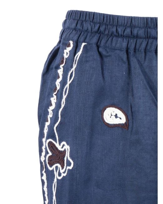 P.A.R.O.S.H. Blue Wide Leg Embroidered Linen Straight-Leg Pants