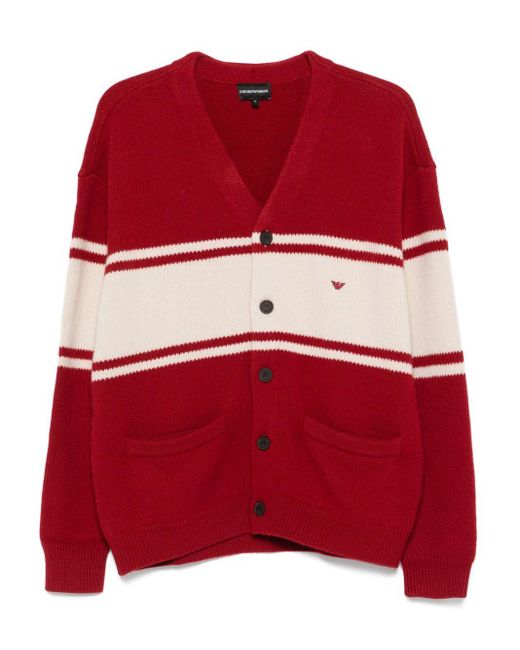 Emporio Armani Red Wool V-Necked Cardigan for men