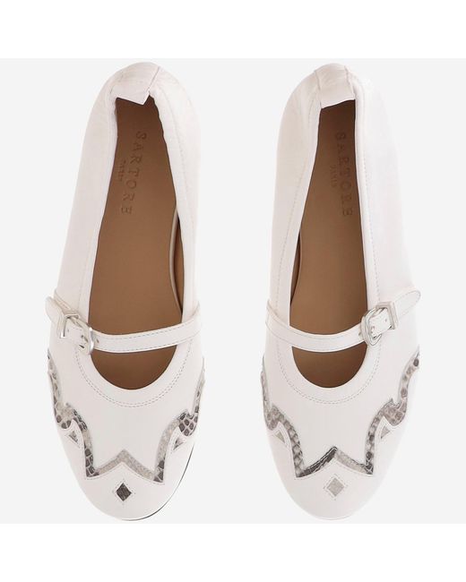 Sartore White Leather And Python Balerinas