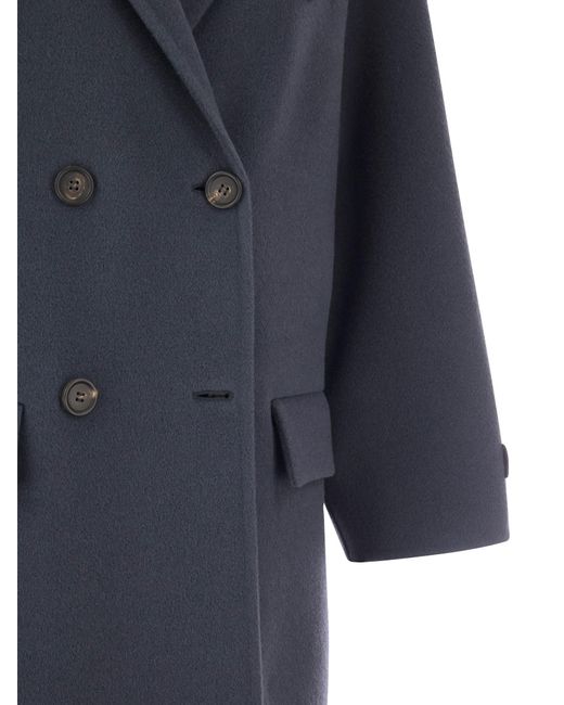 Brunello Cucinelli Wol En Cashmere Double Breasted Coat in het Blue