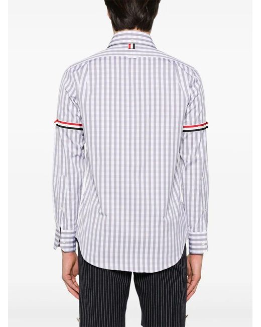 Thom Browne White Gingham Check Long-Sleeve Shirt With Signature Stripes for men