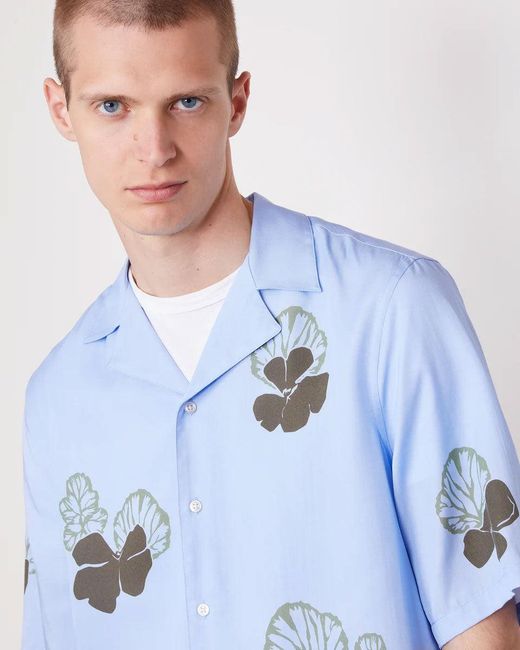 Officine Generale Blue Floral Print Camp Shirt With Quarter Sleeves for men