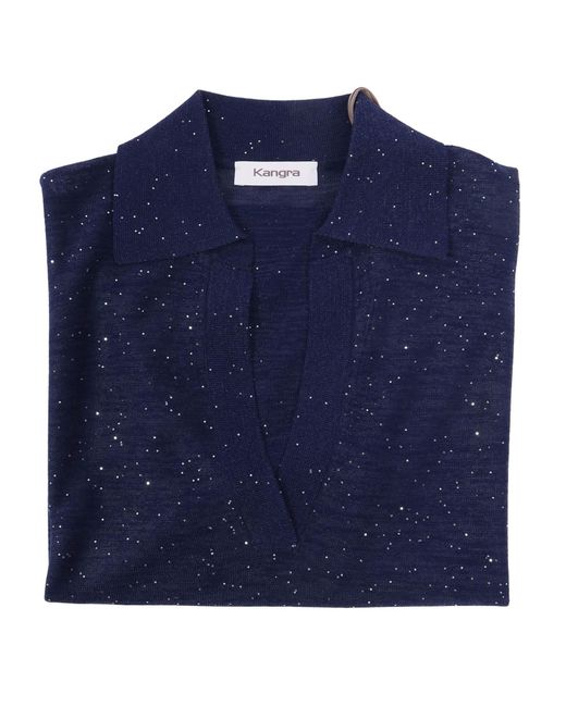 Kangra Cashmere Blue Polo Aperta M.Corta Con Micropaillettes