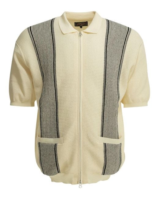 Beams Plus Natural Polyester Linen Polyester Nylon Linen Textured Knit Zipper Polo Shirt
