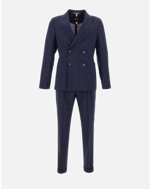 Boss Blue Wool Peak Lapel Suit for men
