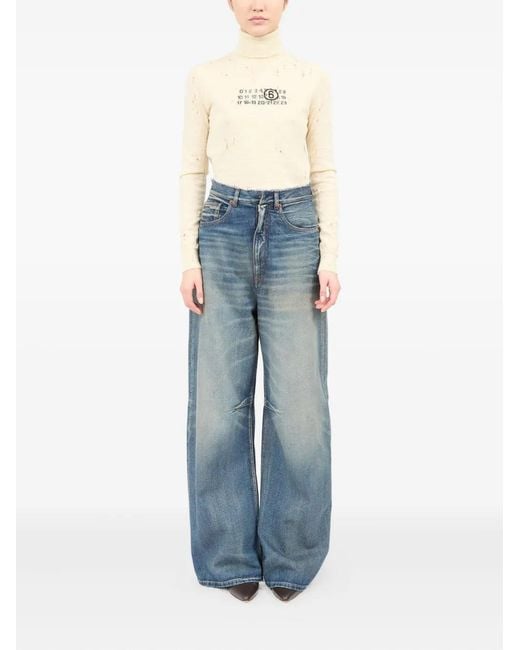 MM6 by Maison Margiela Blue High-Waisted Wide Leg Jeans With Frayed Waistband