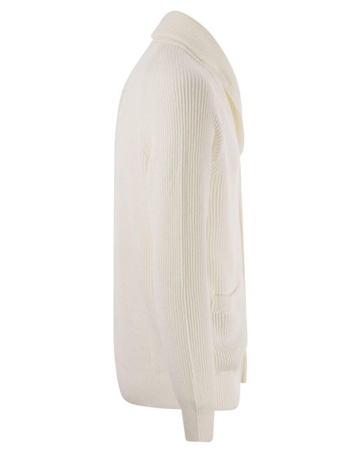 Cardigan a costola di cotone puro con fissaggio di metallo di Brunello Cucinelli in White da Uomo