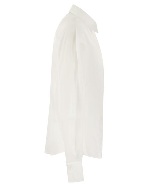 Brunello Cucinelli White Stretch -Baumwoll -Popel -Hemd mit Baumwoll -Organza -Ärmeln und Halskette