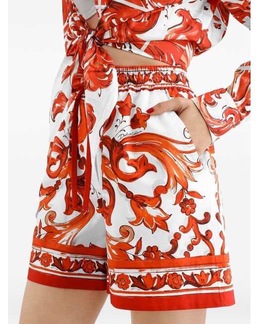 Dolce & Gabbana Red Dolce & Gabbana Poplin Shorts With Majolica Print