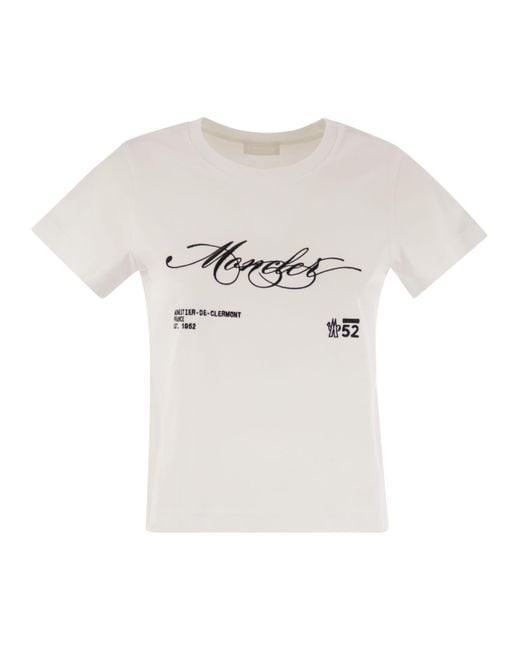 Moncler White Cotton T Shirt With Embroidered Cursive Logo