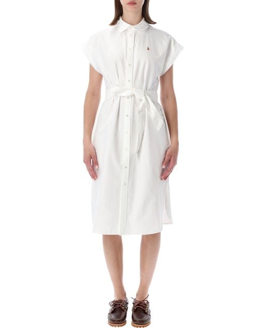 Polo Ralph Lauren White Belted Cotton Oxford Shirtdress