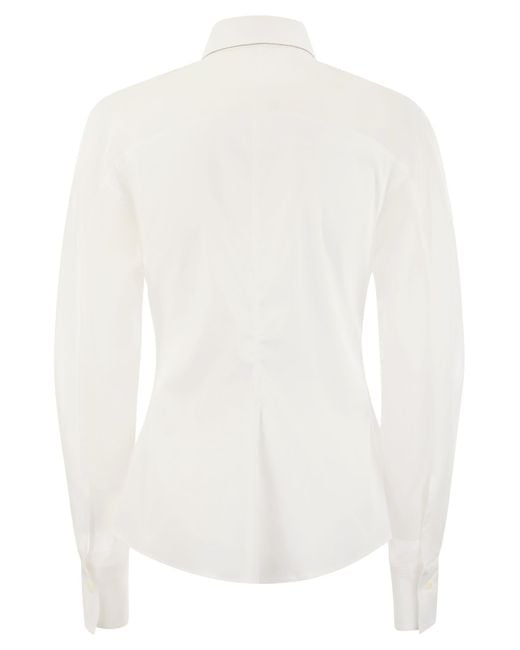 Brunello Cucinelli White Stretch -Baumwoll -Popel -Hemd mit Baumwoll -Organza -Ärmeln und Halskette
