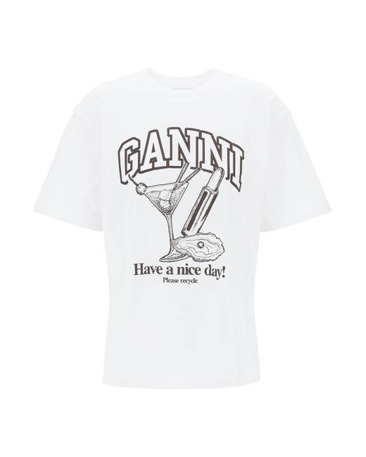 Ganni Cocktail Print T -shirt in het White