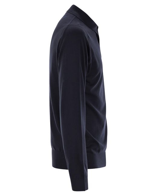 John Smedley Blue Bradwell Cotton Long Sleeved Polo Shirt for men