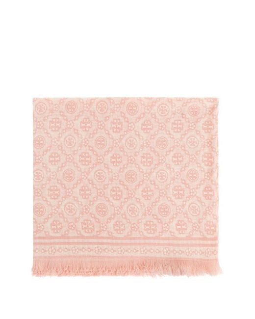 Tory Burch Pink Monogram Frayed Scarf