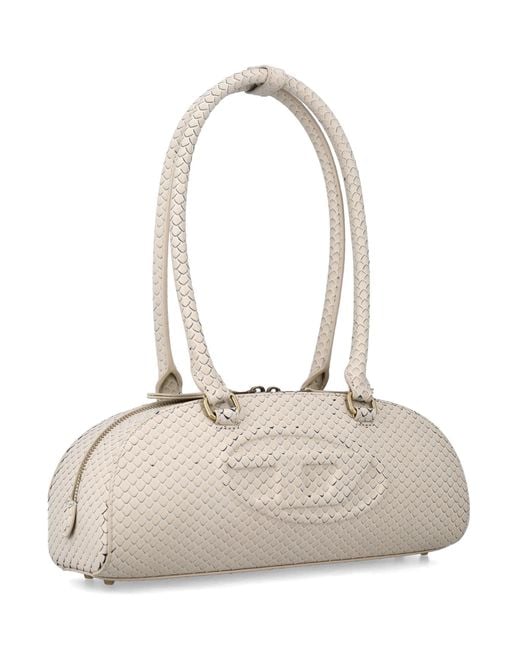 DIESEL White Elongated Dome Bowling Handbag
