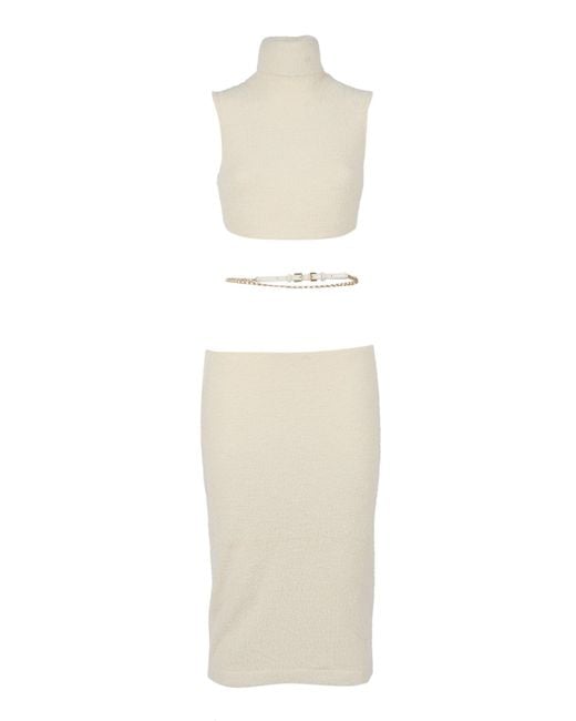 Elisabetta Franchi White Ribbed Knit Midi Dress With High Neckline