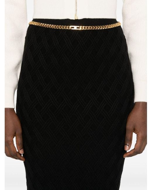 Elisabetta Franchi Black Knit Diamond-Pattern Skirt With Jewel Detail