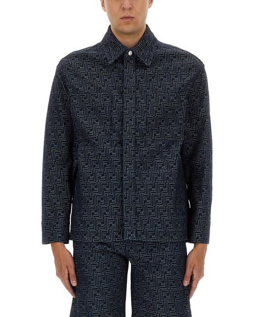 Fendi Blue Ff Jacquard Denim Shirt for men